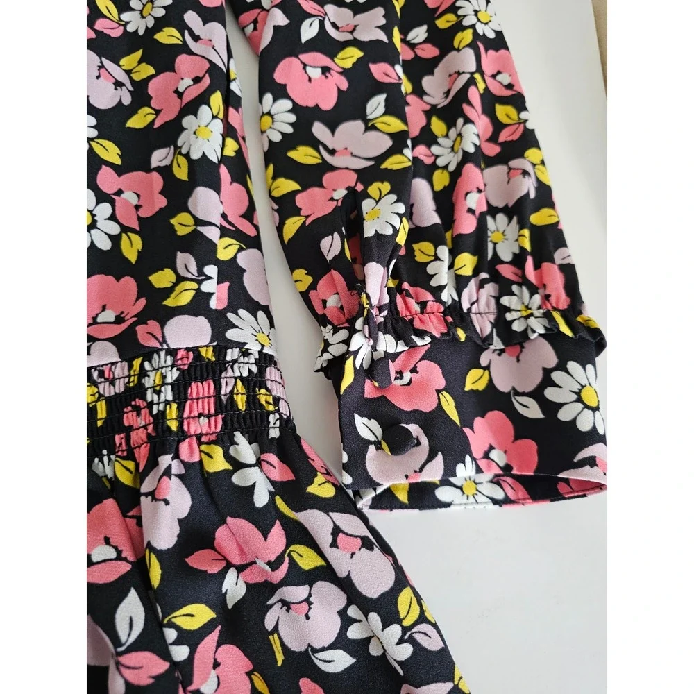 Kate Spade Road Trip Floral Smocked High Neck‎ Drop Waist Mini Dress Black XL
